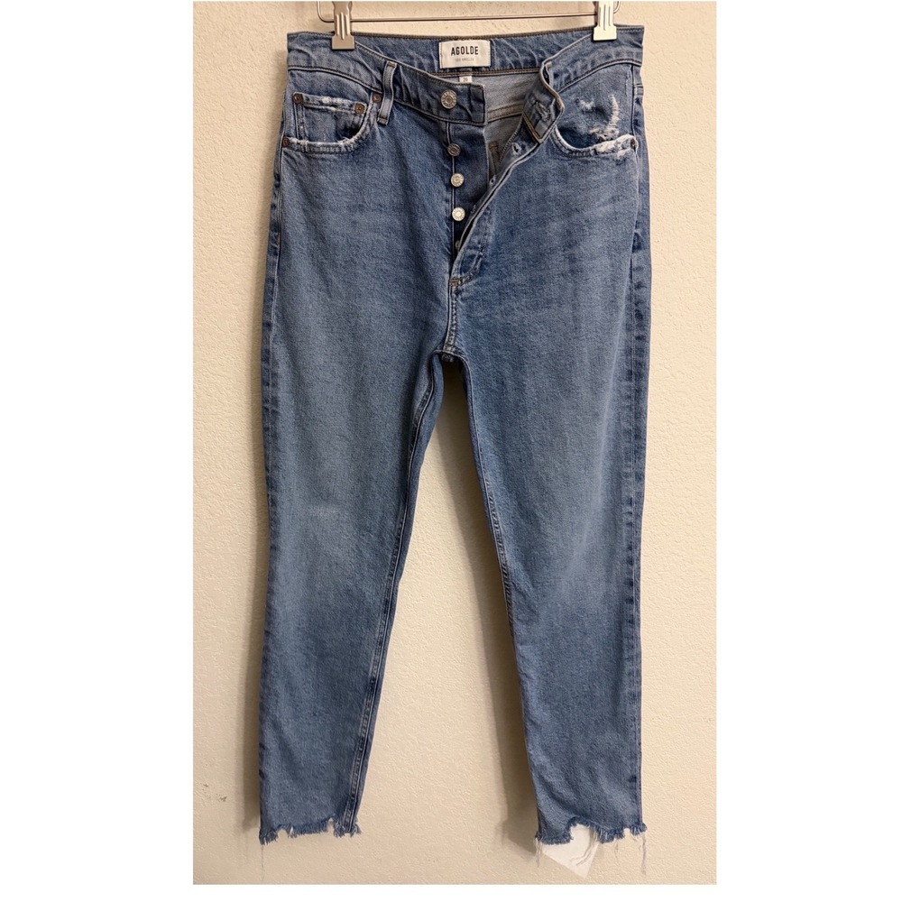 Agolde Nico High Rise Slim Fit Jeans Blue Raw Hem Size 26 ButtonFly